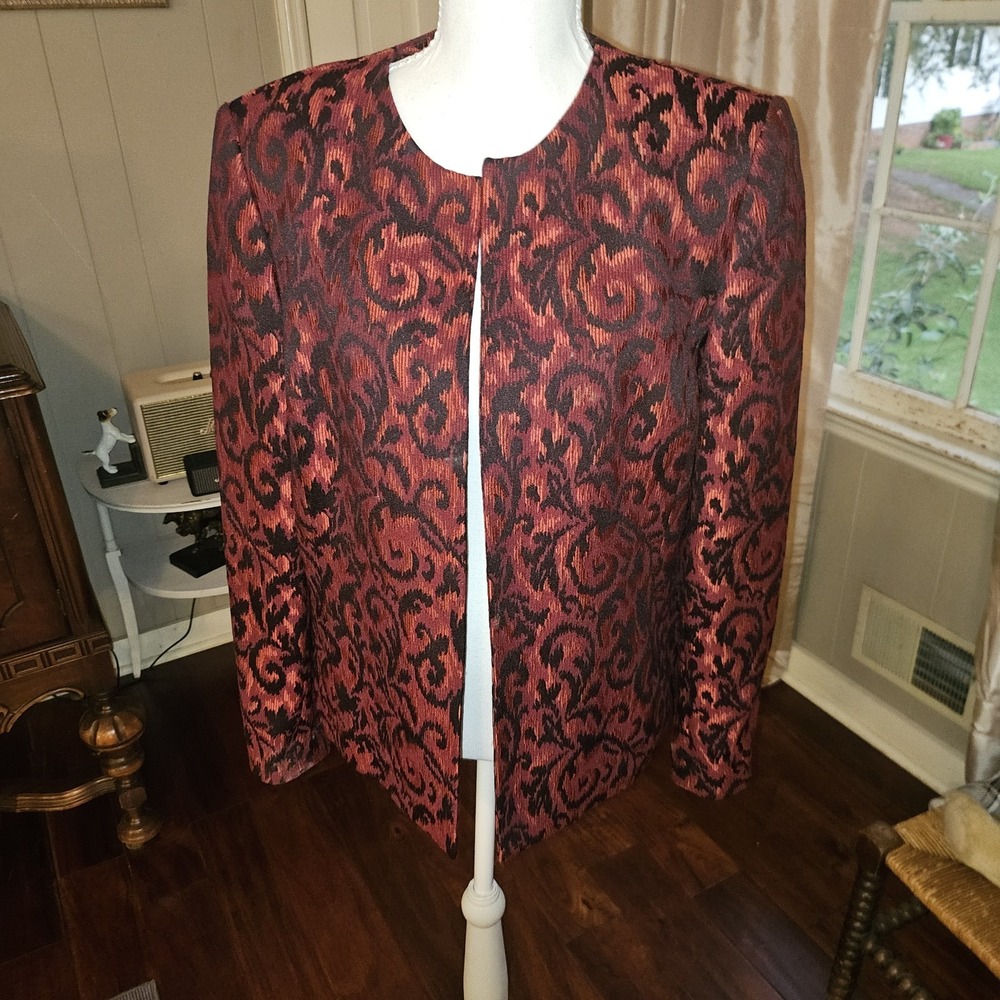 Kasper Jacqard Blazer Red Damask Tapestry. Lined Sz 12 Tailored Chic Classic
